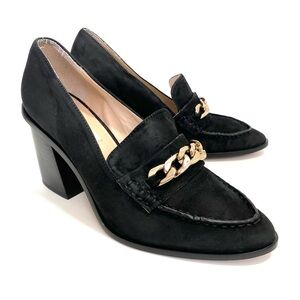 Saks Fifth Avenue Chunky Heel Moccasine 6M / 36 Black Suede Pointed Toe Buckle